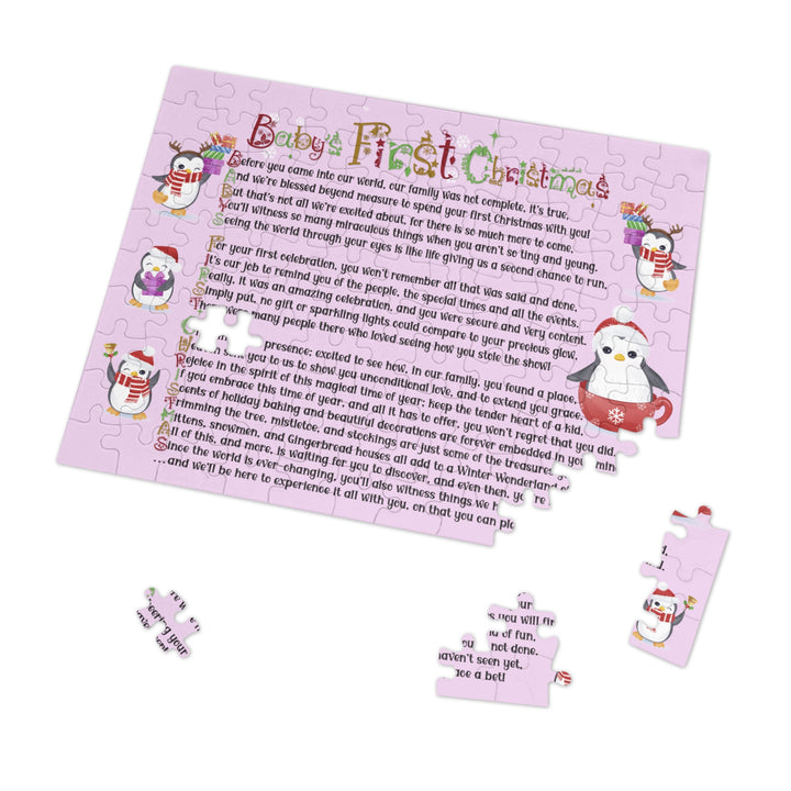 Baby's First Christmas Acrostic Poem Jigsaw Puzzle - Penguins - Lavender - Tin Box
