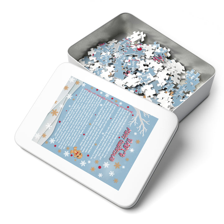 Baby's First Christmas Acrostic Poem Jigsaw Puzzle - Gingerbread - Blue - Tin Box