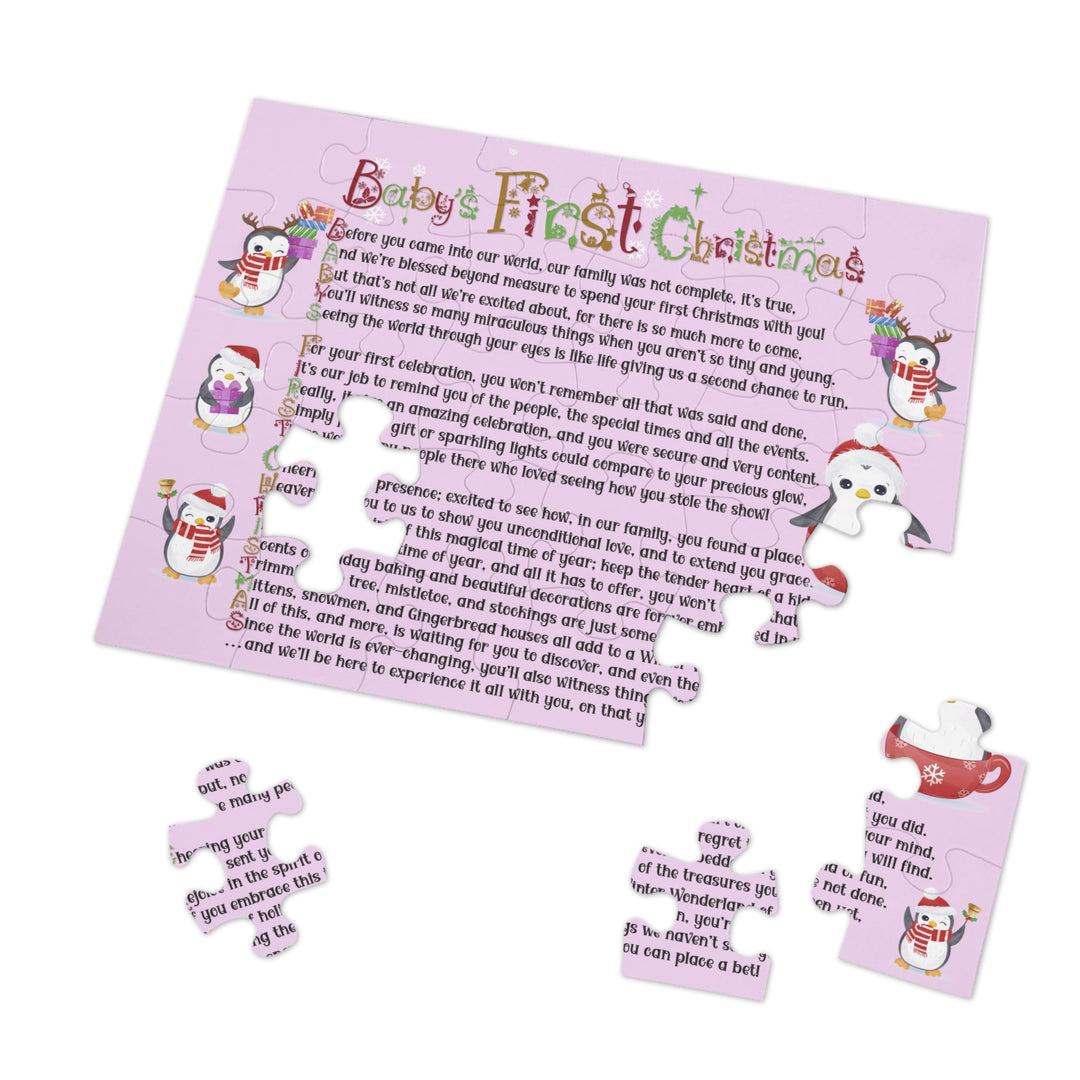 Baby's First Christmas Acrostic Poem Jigsaw Puzzle - Penguins - Lavender - Tin Box