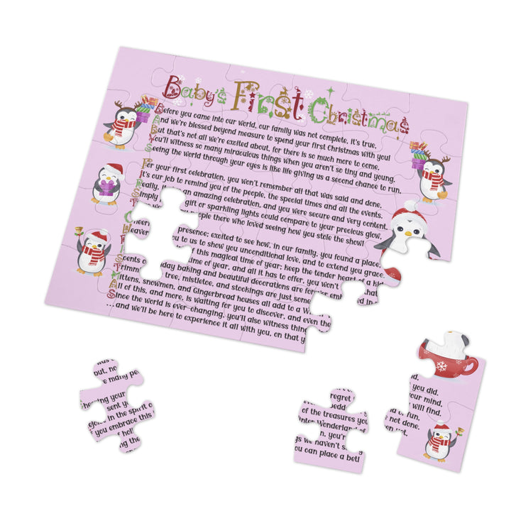 Baby's First Christmas Acrostic Poem Jigsaw Puzzle - Penguins - Lavender - Tin Box