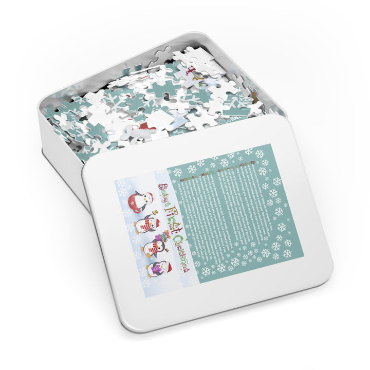 Baby's First Christmas Acrostic Poem Jigsaw Puzzle - Gingerbread - Penguins - Tin Box