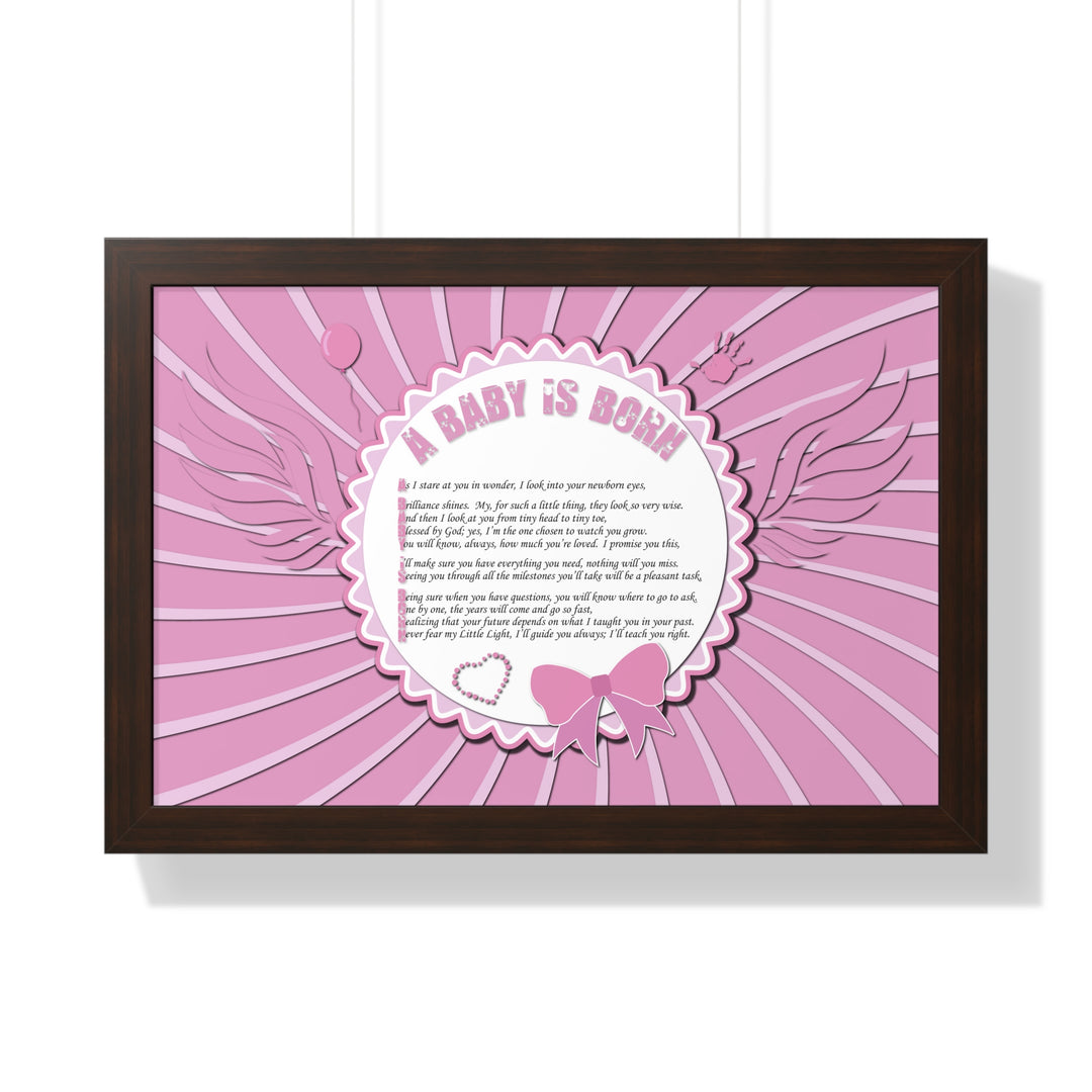 Baby Steps Acrostic Poem Framed Print "A Baby is Born" - Pink