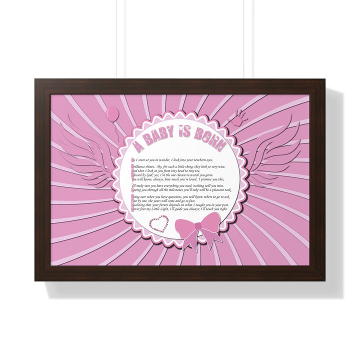 Baby Steps Acrostic Poem Framed Print "A Baby is Born" - Pink