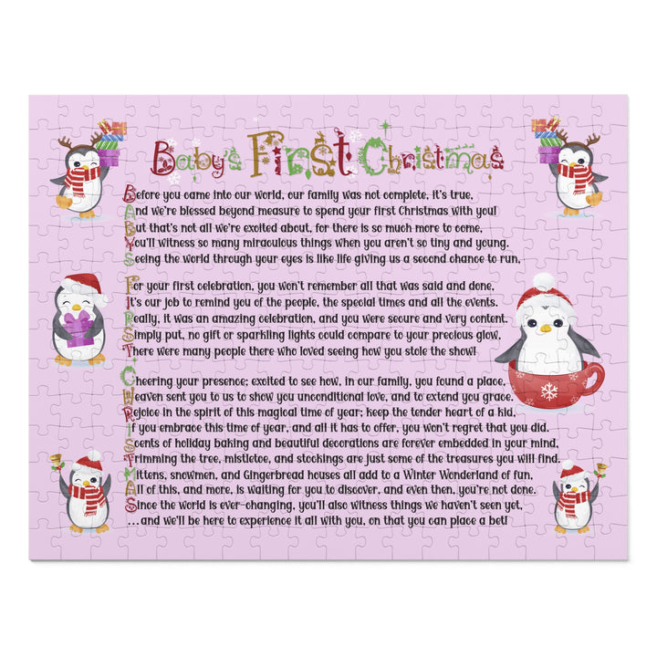 Baby's First Christmas Acrostic Poem Jigsaw Puzzle - Penguins - Lavender - Tin Box