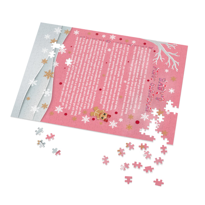 Baby's First Christmas Acrostic Poem Jigsaw Puzzle - Gingerbread - Pink - Tin Box