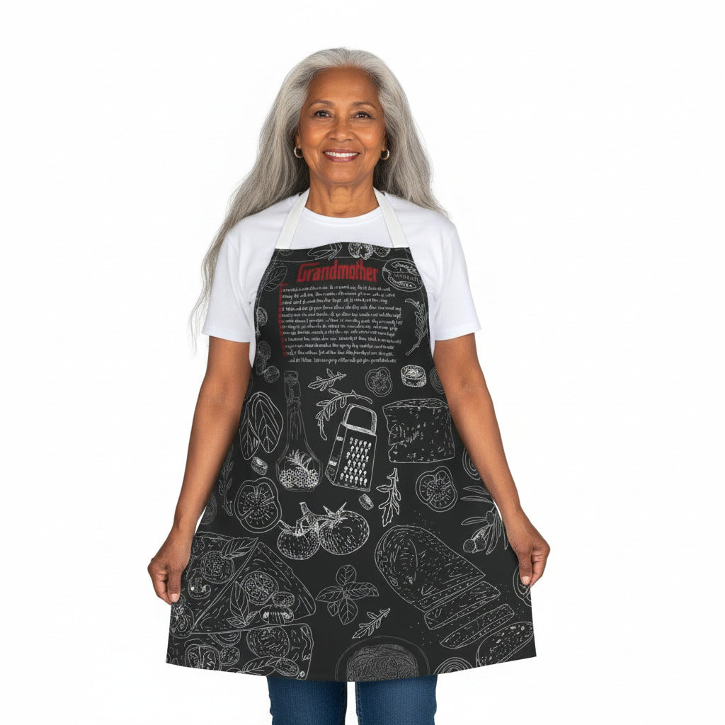 Woman wearing a black apron with white graphics and text on a white background