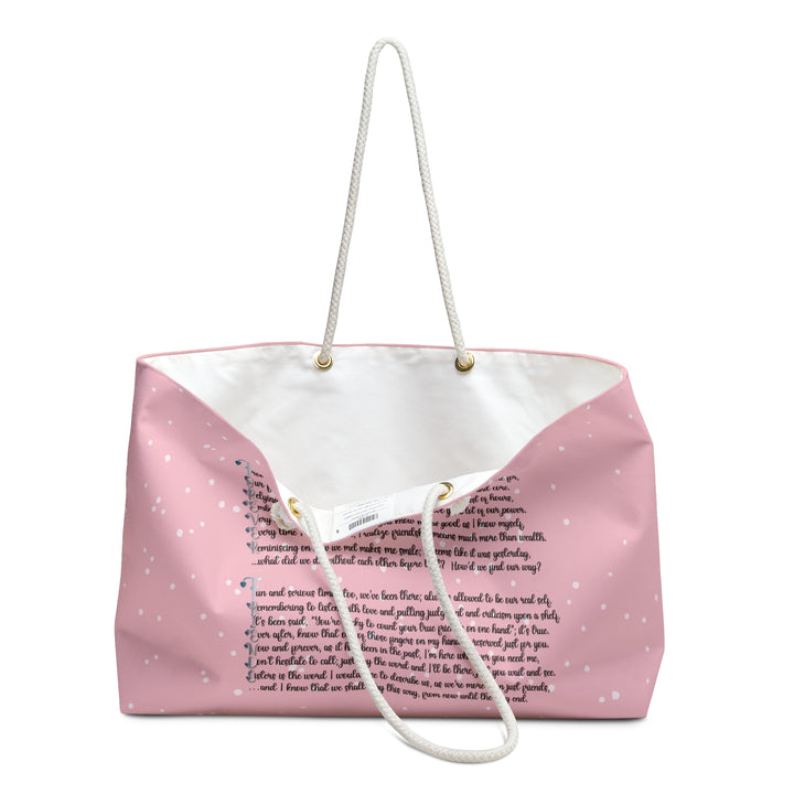 Pink Weekender Tote Bag with Acrostic Poem Spelling Out "Forever Friends"