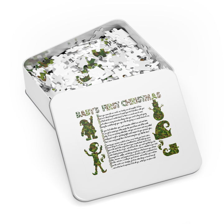 Baby's First Christmas Acrostic Poem Jigsaw Puzzle - Camo - Tin Box