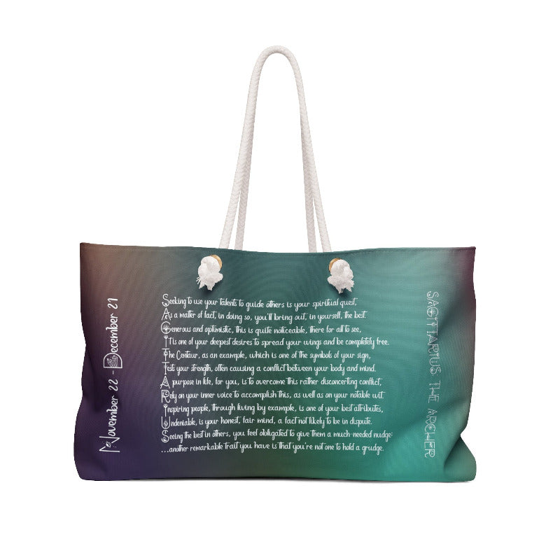 Gradient tote bag with acrostic poem spelling out Sagittarius and design elements on a white background