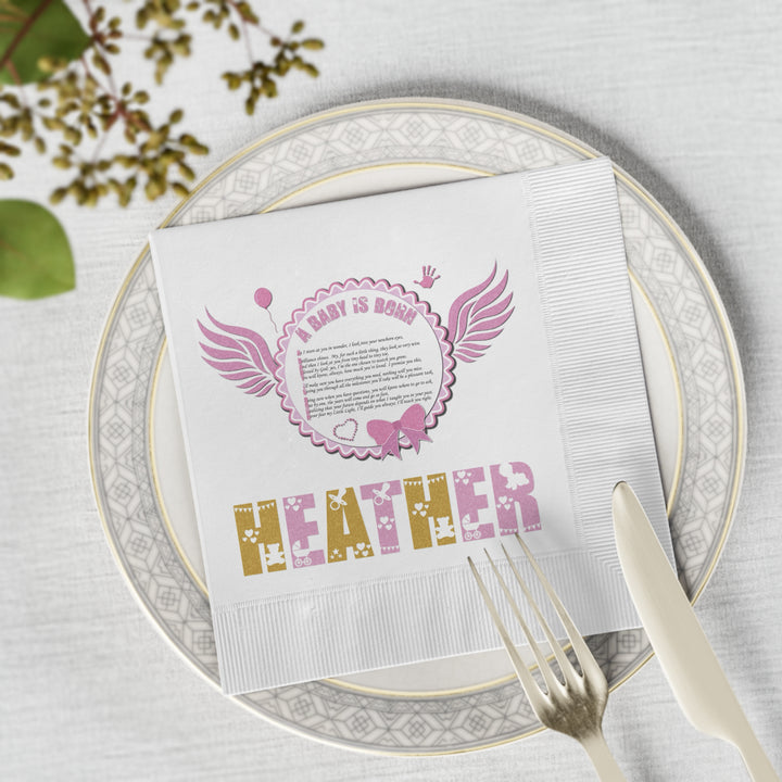 A Baby is Born Baby Shower Coined Napkins - Pink Wings - Personalized