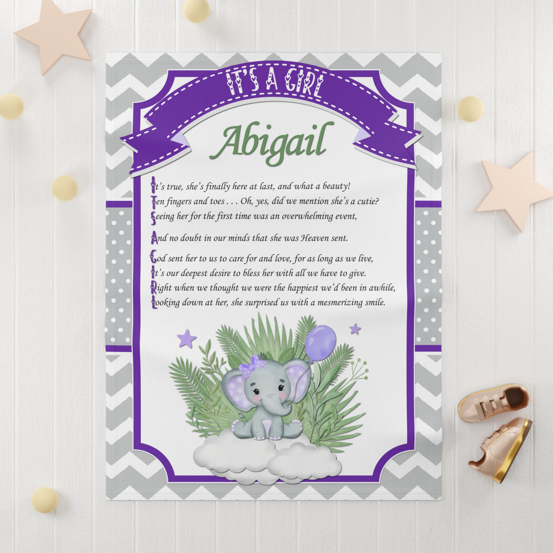 It's a Girl Acrostic Poem Baby Blanket - Purple Elephant - Pesonalized