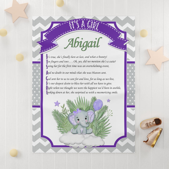 It's a Girl Acrostic Poem Baby Blanket - Purple Elephant - Pesonalized