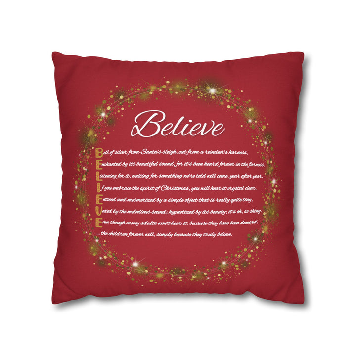 "Believe" Acrostic Poem Pillow Cover from "Learn, Lead, Believe" Collection Red