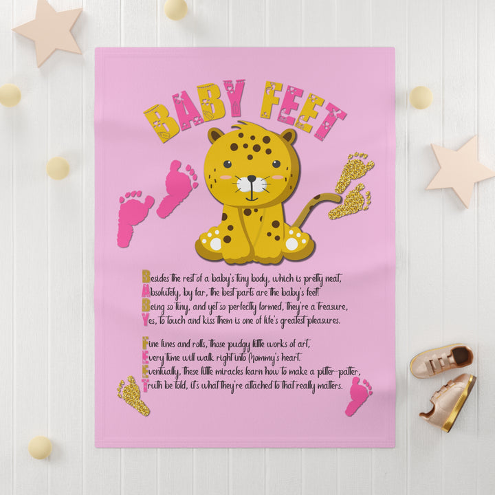 Baby Feet Acrostic Poem Blanket - Pink-Gold -  Baby Leopard- Pink