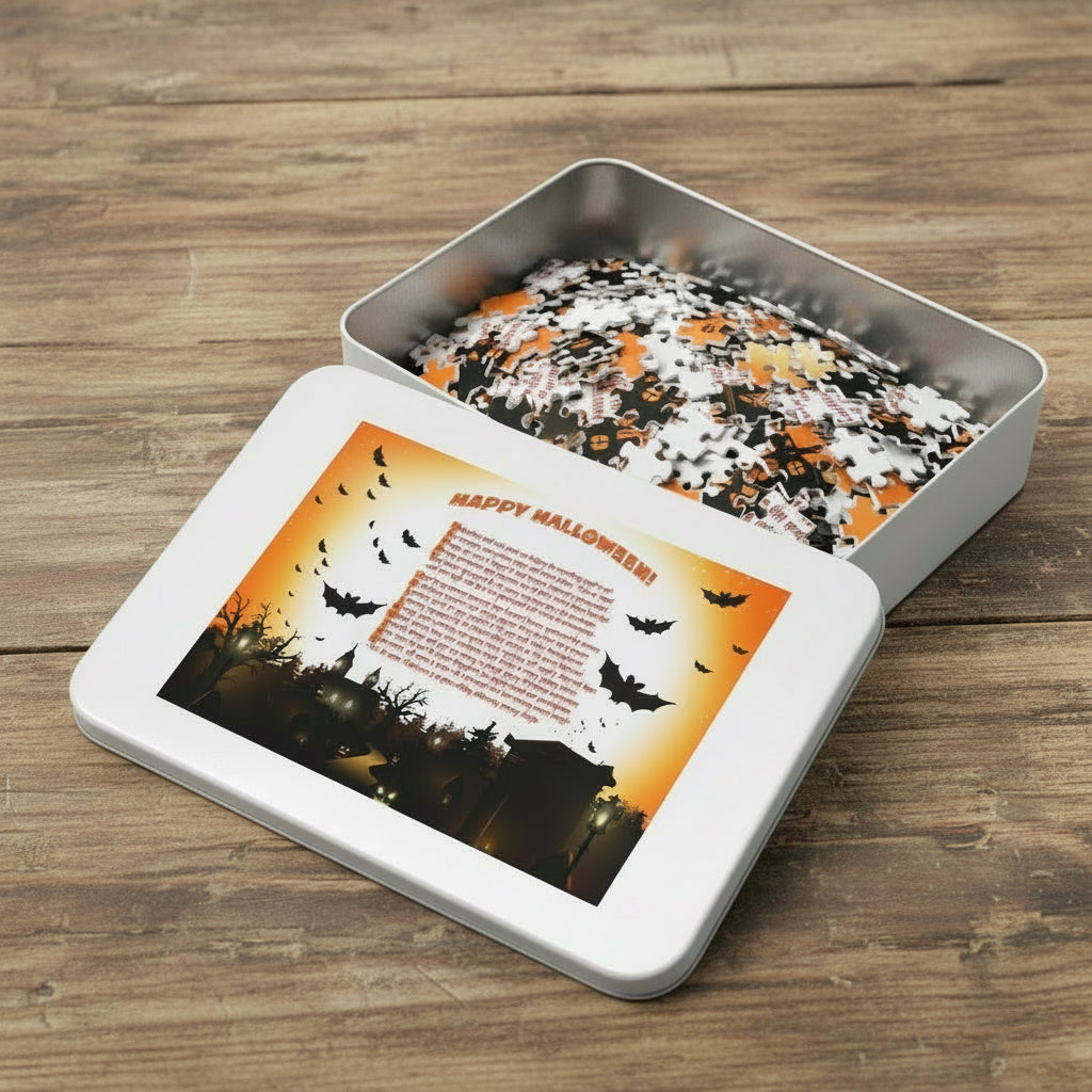 Halloween-themed puzzle in a tin box with a decorative lid featuring bats and text.