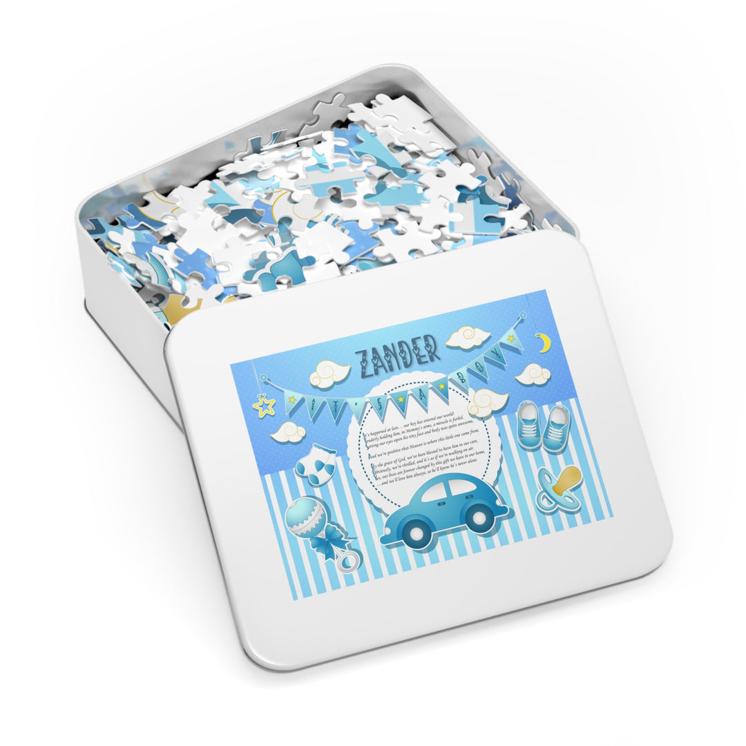 It's a Boy Acrostic Poem Puzzle - Blue Stripes - Tin Box - Personalized
