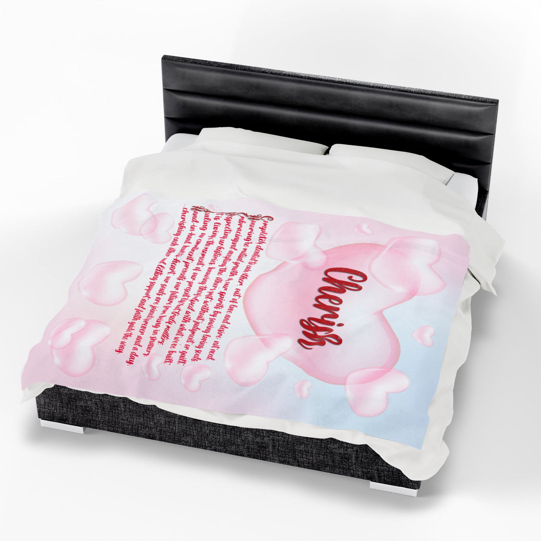 Cherish Acrostic Poem Velveteen Plush Blanket - Hearts-Clouds