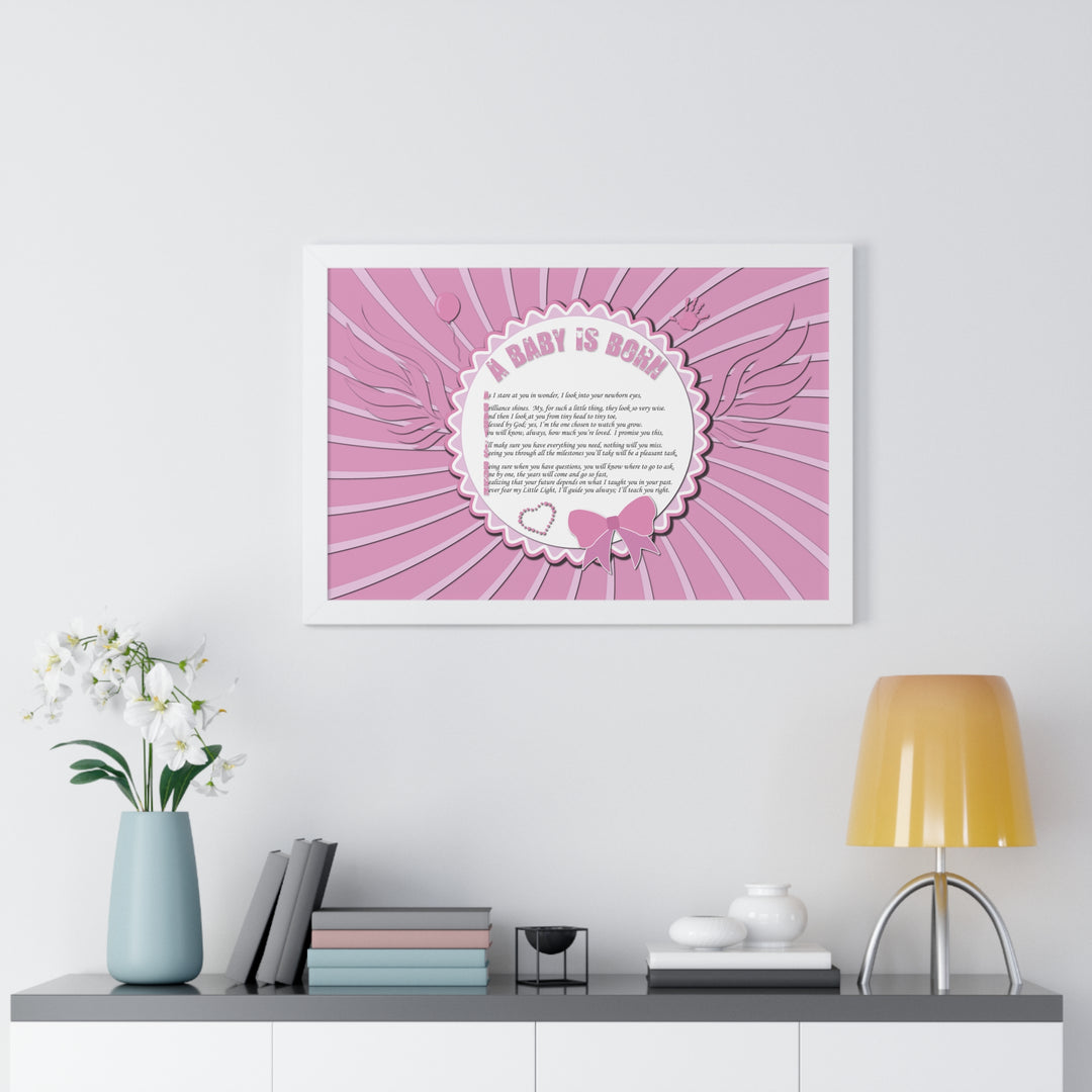 Baby Steps Acrostic Poem Framed Print "A Baby is Born" - Pink