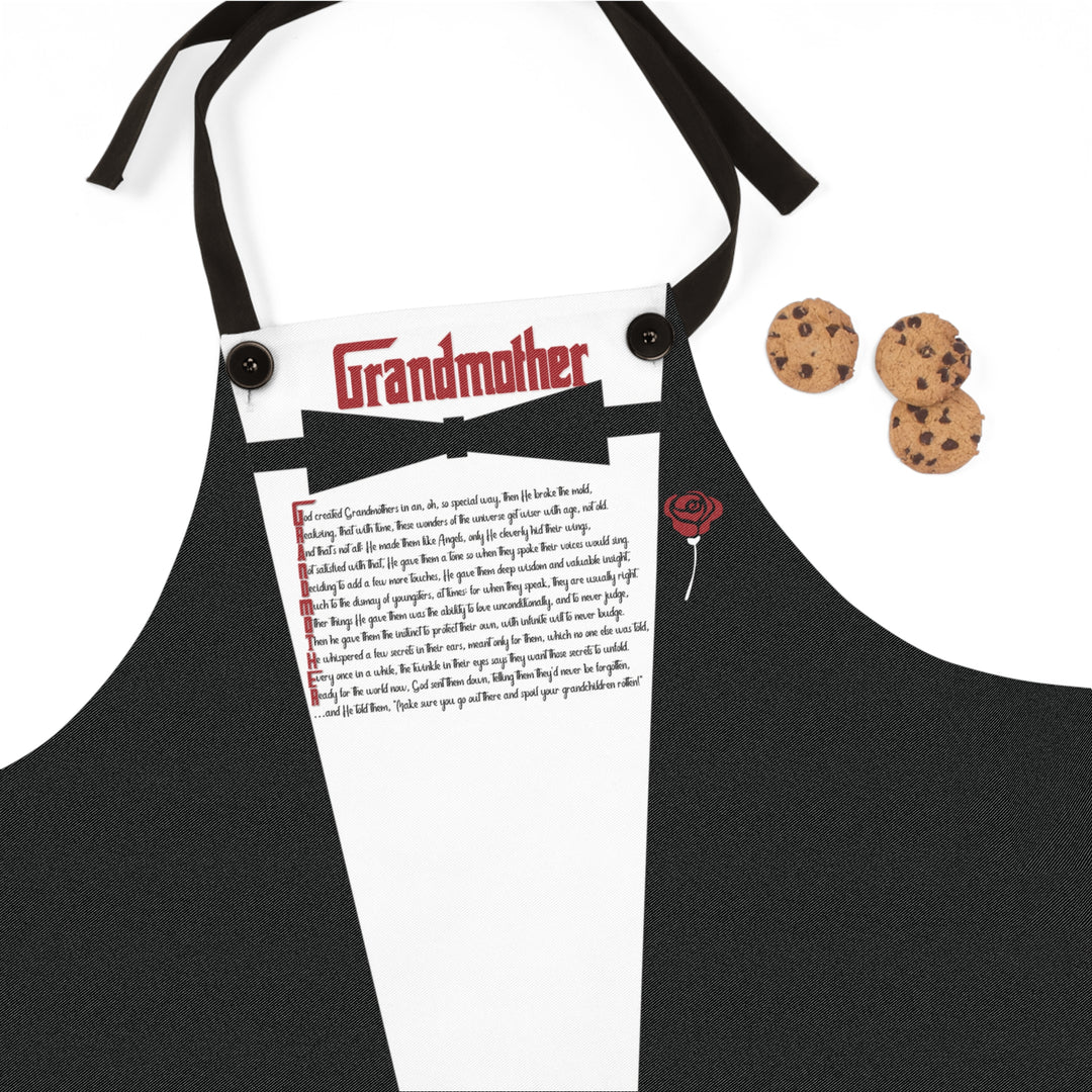 Black apron with 'Grandmother' text and cookie graphics on a white background