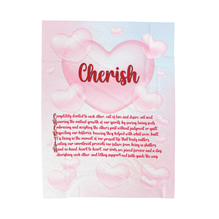 It's Just a Phrase Velveteen Plush Blanket with Acrostic Poem "Cherish" - Pink Cloud Hearts