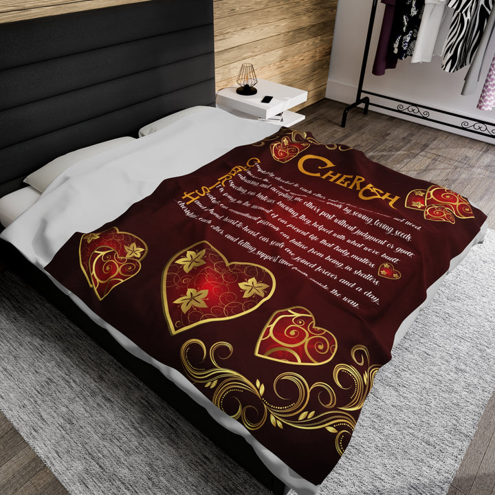 It's Just a Phrase Velveteen Plush Blanket with Acrostic Poem "Cherish" - Hearts and Gold Decor