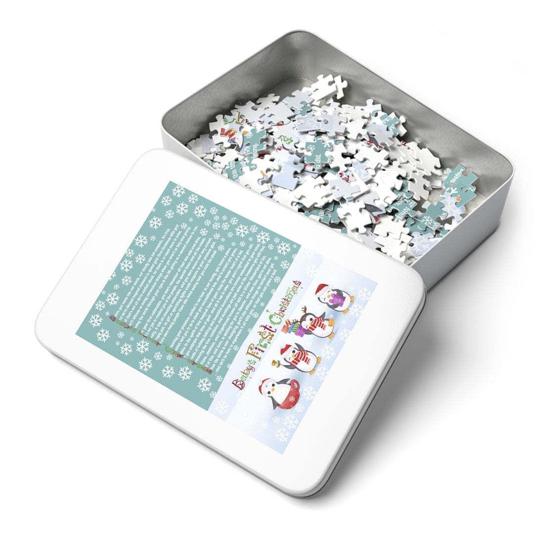 Baby's First Christmas Acrostic Poem Jigsaw Puzzle - Gingerbread - Penguins - Tin Box