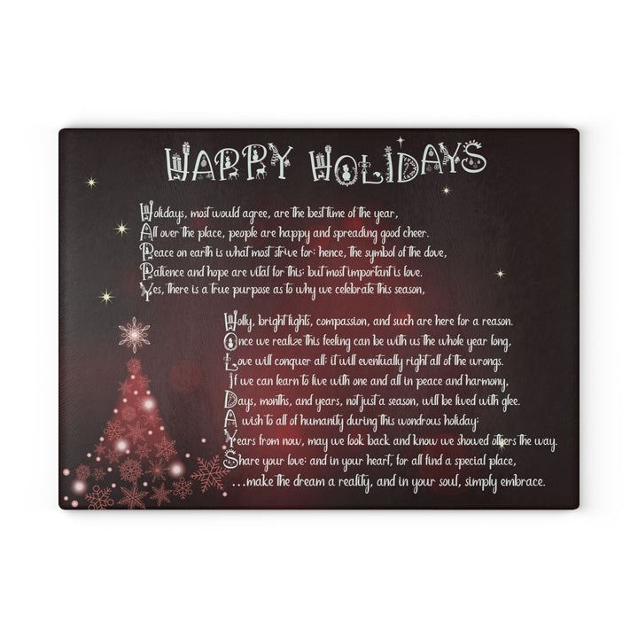 Happy Holidays Acrostic Poem Glass Cutting Board - Burgandy