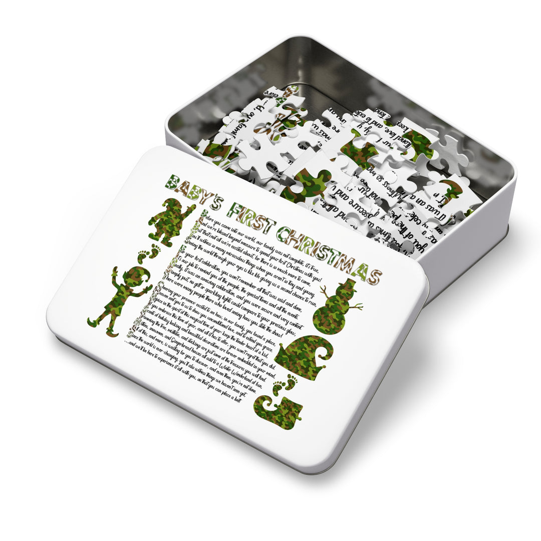 Baby's First Christmas Acrostic Poem Jigsaw Puzzle - Camo - Tin Box