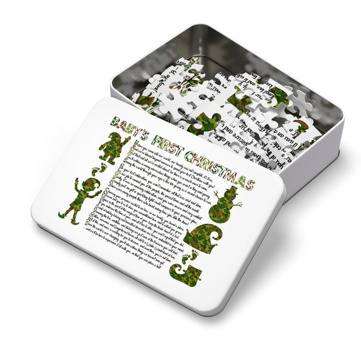 Baby's First Christmas Acrostic Poem Jigsaw Puzzle - Camo - Tin Box