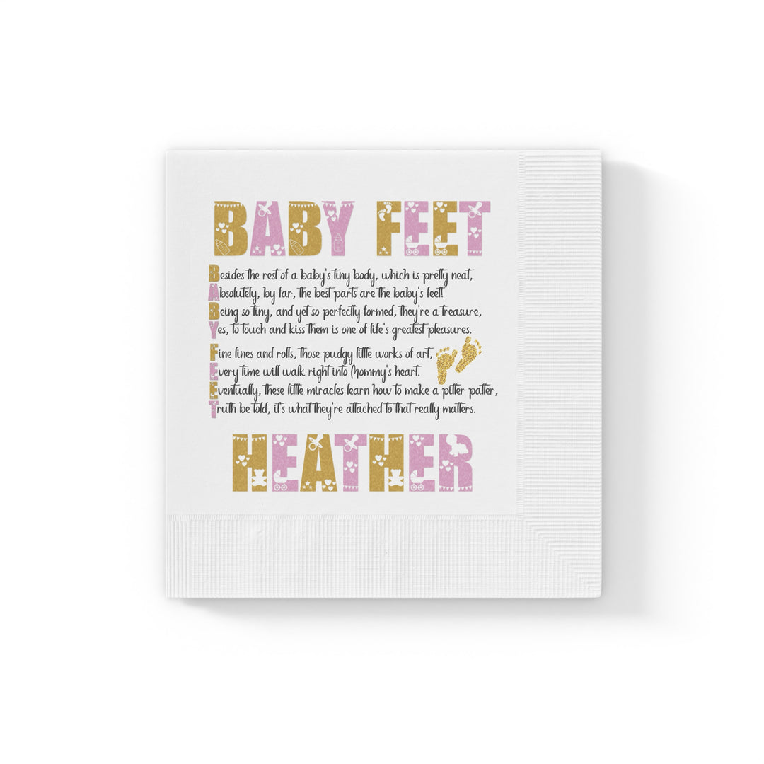 Baby Feet White Coined Napkins Baby Shower Napkins  - Gold-Pink- Personalized