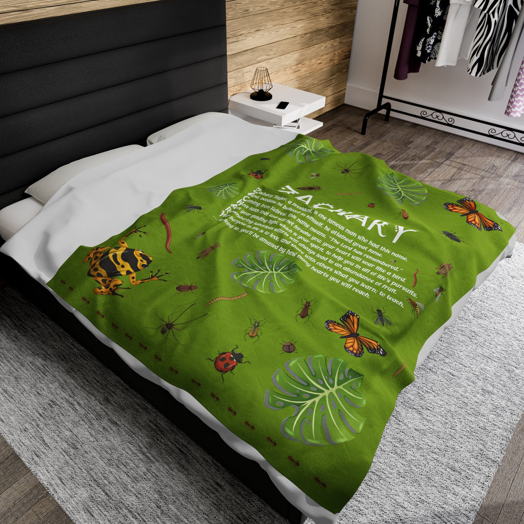 Namesakes Acrostic Poem on Black Velveteen Plush Blanket with Bug Design