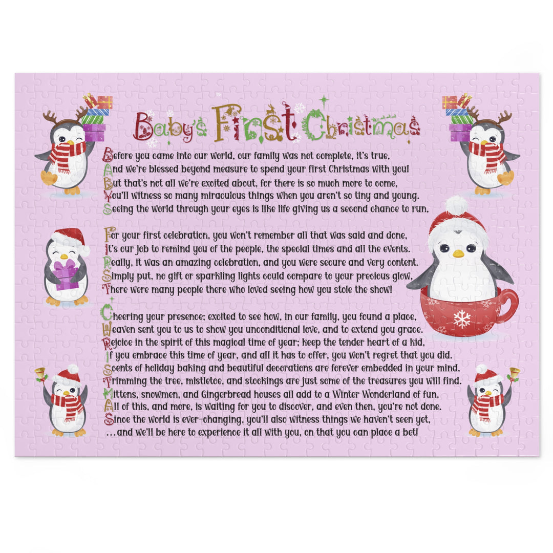 Baby's First Christmas Acrostic Poem Jigsaw Puzzle - Penguins - Lavender - Tin Box