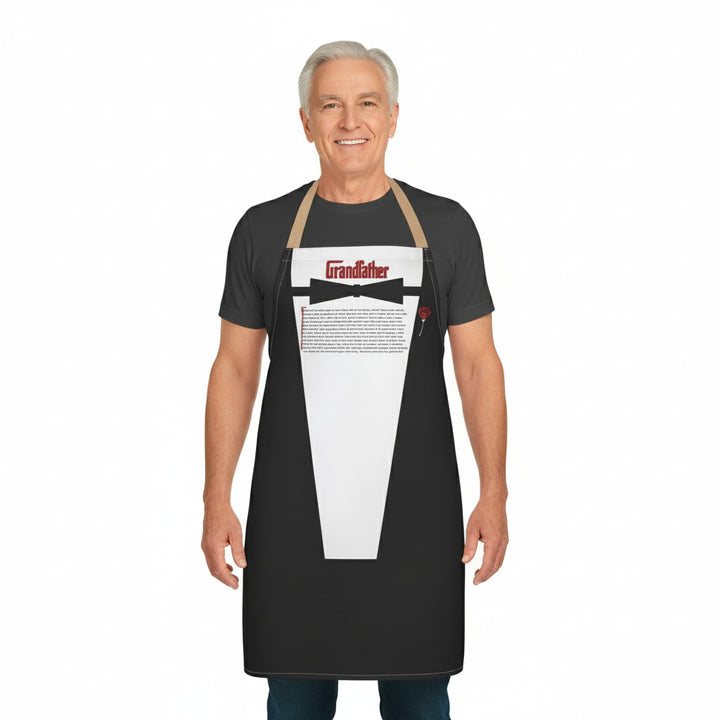 Man wearing a black apron with 'Grandfather' text and design on a white background