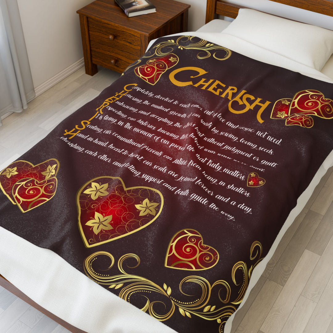 Cherish Acrostic Poem Velveteen Plush Blanket - Hearts