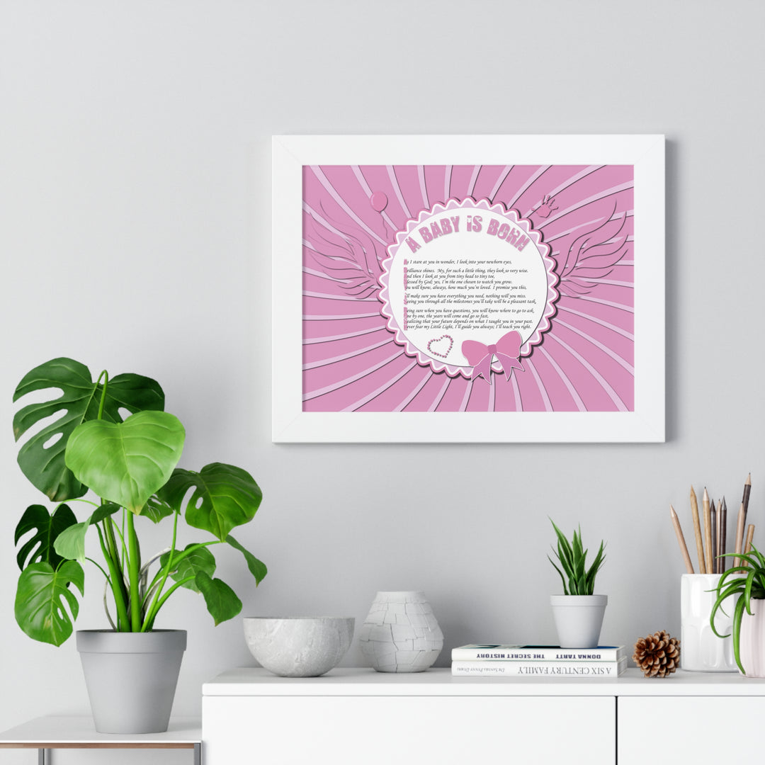Baby Steps Acrostic Poem Framed Print "A Baby is Born" - Pink
