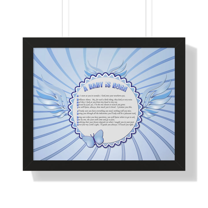 Baby Steps Acrostic Poem Framed Print "A Baby is Born "- Blue