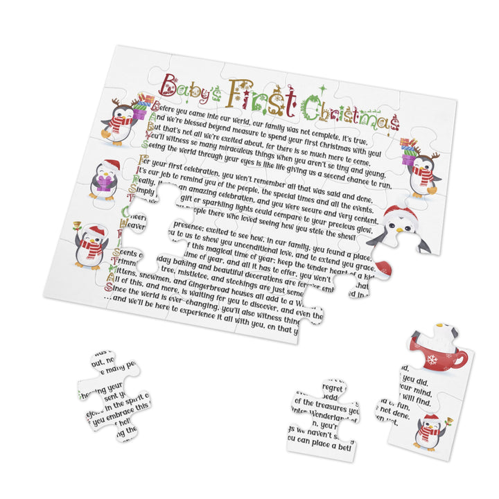 Baby's First Christmas Acrostic Poem Jigsaw Puzzle - Penguins-Christmas Items Font - Tin Box
