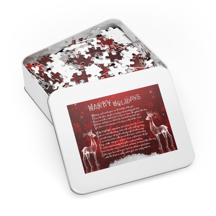 Happy Holidays Acrostic Poem Puzzle - Deer and Snow - Tin Box