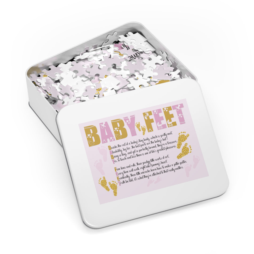 Baby Feet Acrostic Poem Puzzle - Pink and Gold - Tin Box - No Personalization