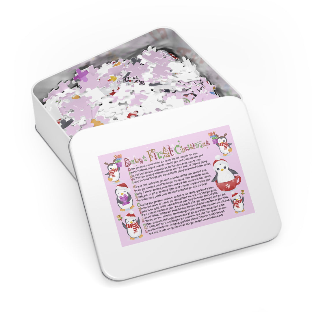 Baby's First Christmas Acrostic Poem Jigsaw Puzzle - Penguins - Lavender - Tin Box