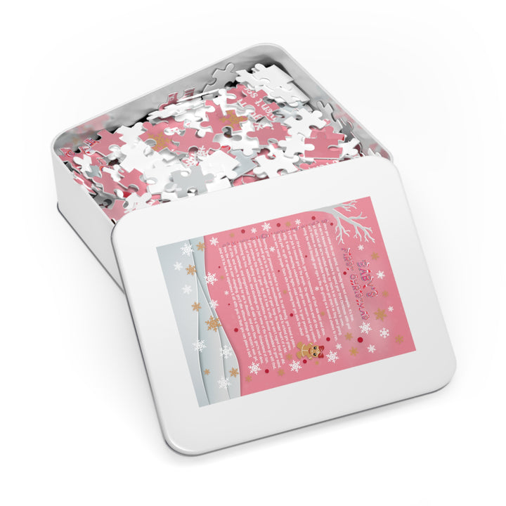 Baby's First Christmas Acrostic Poem Jigsaw Puzzle - Gingerbread - Pink - Tin Box