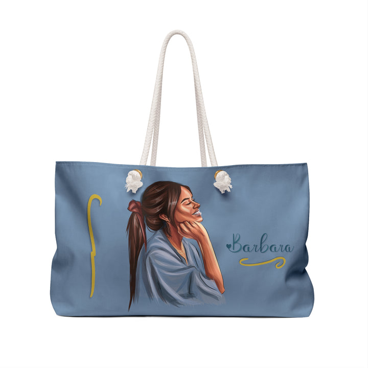 Blue Weekender Tote Bag with Acrostic Poem Spelling Out "Forever Friends"
