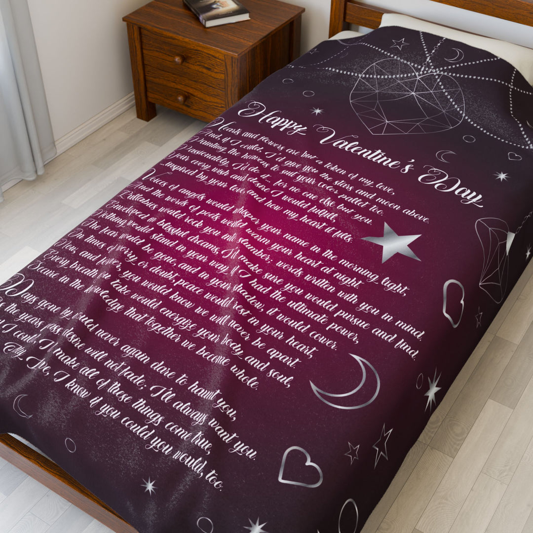 "Happy Valentine's Day" Acrostic Poem Velveteen Plush Blanket - Hearts-Stars