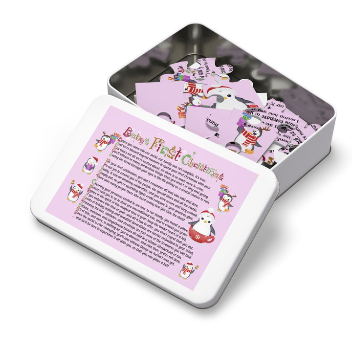 Baby's First Christmas Acrostic Poem Jigsaw Puzzle - Penguins - Lavender - Tin Box