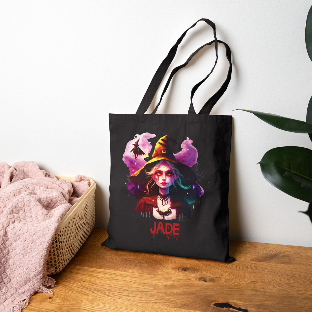 "Happy Halloween" Acrostic Poem Canvas Candy Tote Bag - Creepy Witch - Personalized