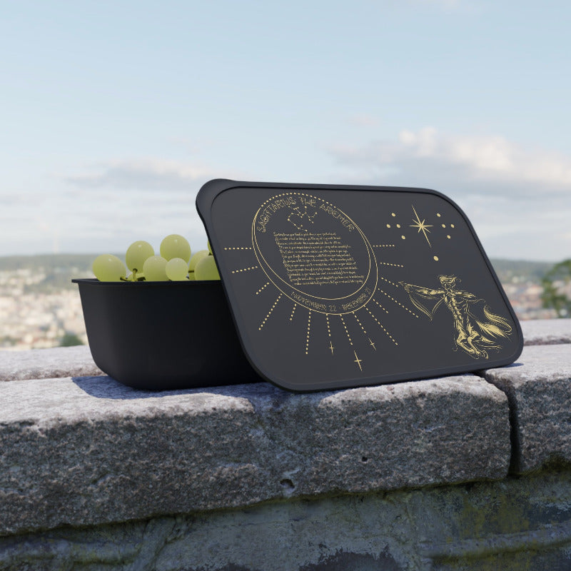 Black lunch box with celestial design on lid, containing green grapes, against a scenic background.