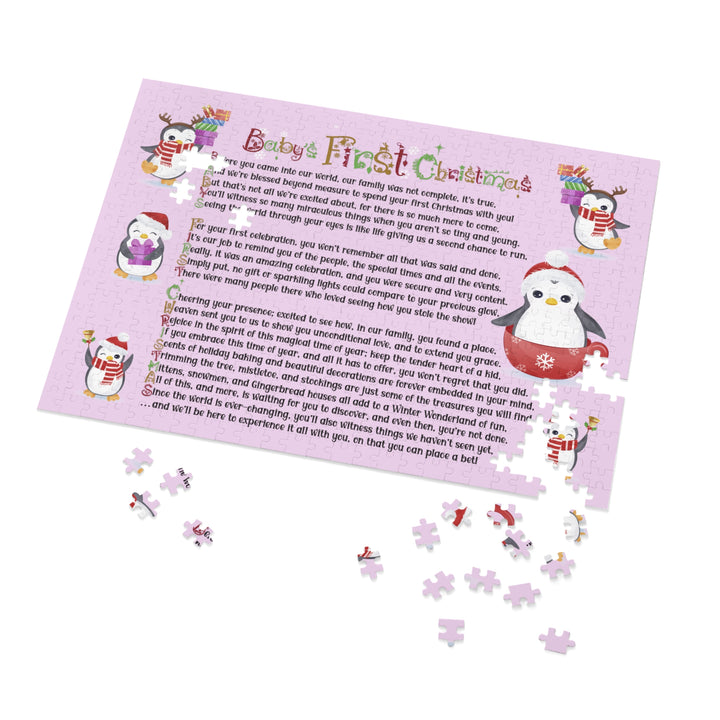 Baby's First Christmas Acrostic Poem Jigsaw Puzzle - Penguins - Lavender - Tin Box
