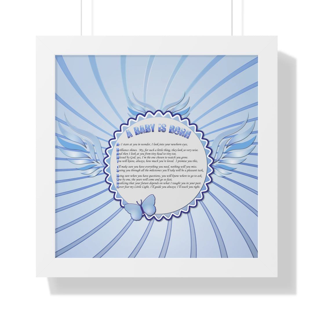 Baby Steps Acrostic Poem Framed Print "A Baby is Born "- Blue