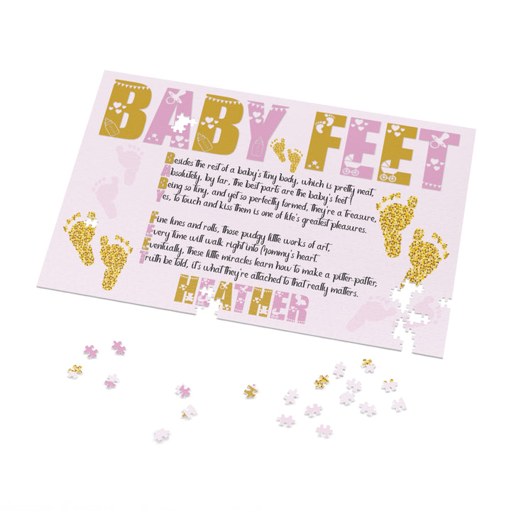 Baby Feet Acrostic Poem Puzzle - Pink and Gold - Tin Box - Personalized