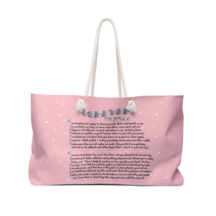 Pink Weekender Tote Bag with Acrostic Poem Spelling Out "Forever Friends"